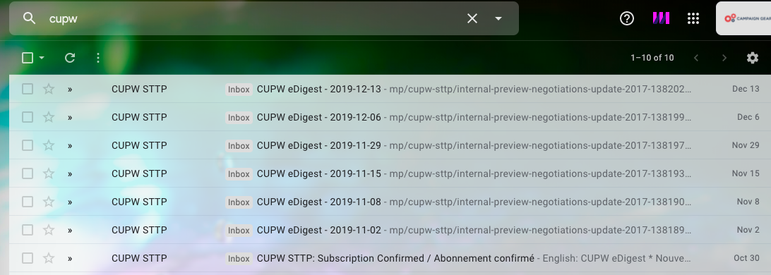 Email inbox showing CUPW emails